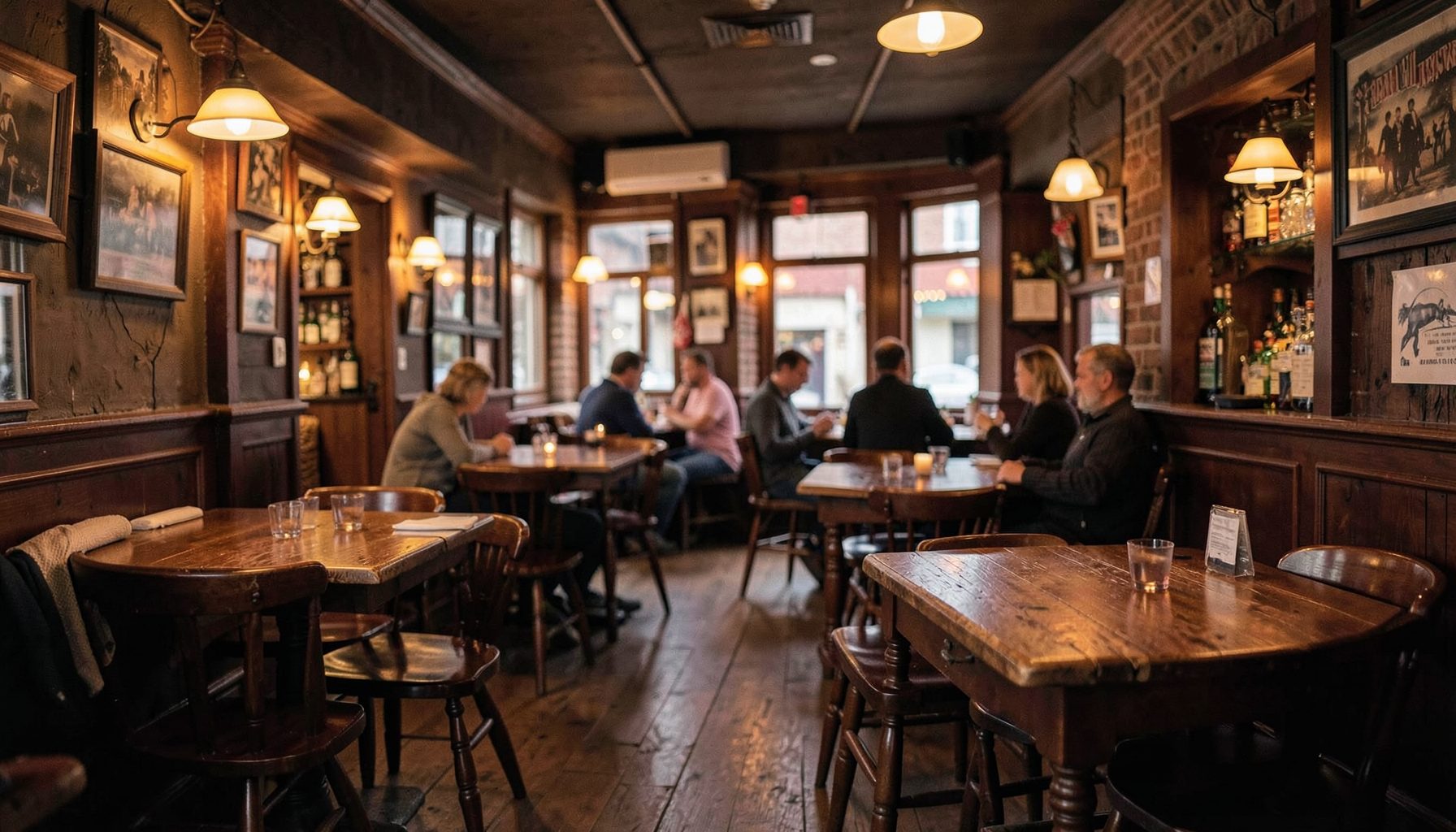 Warm interior of a country pub with wooden tables, soft amber lighting, and a welcoming relaxed atmosphere