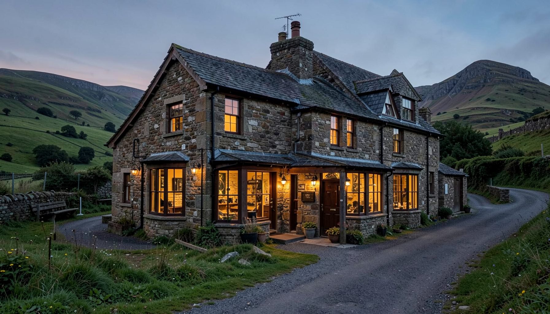 A warm stone country pub exterior with glowing windows at dusk, nestled in green Peak District countryside