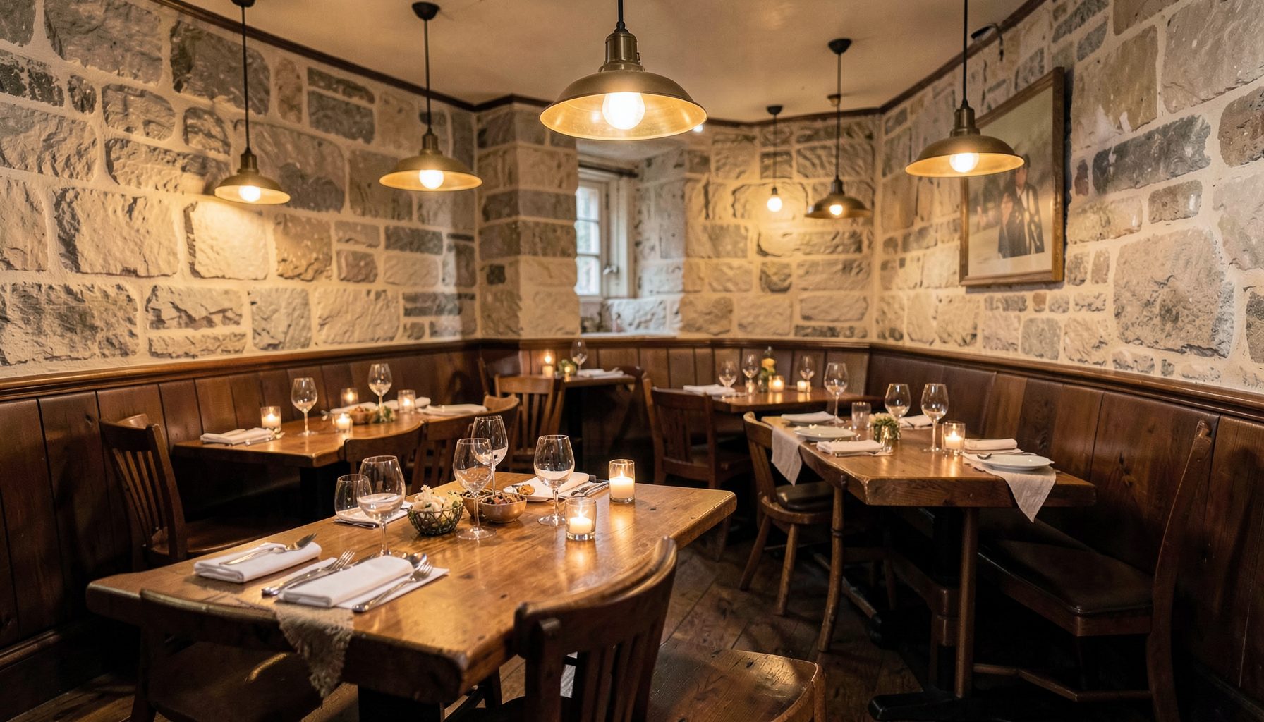A warmly lit country pub dining room with wooden tables set for dinner, soft amber glow from pendant lights, and exposed stone walls in muted cream and grey tones.