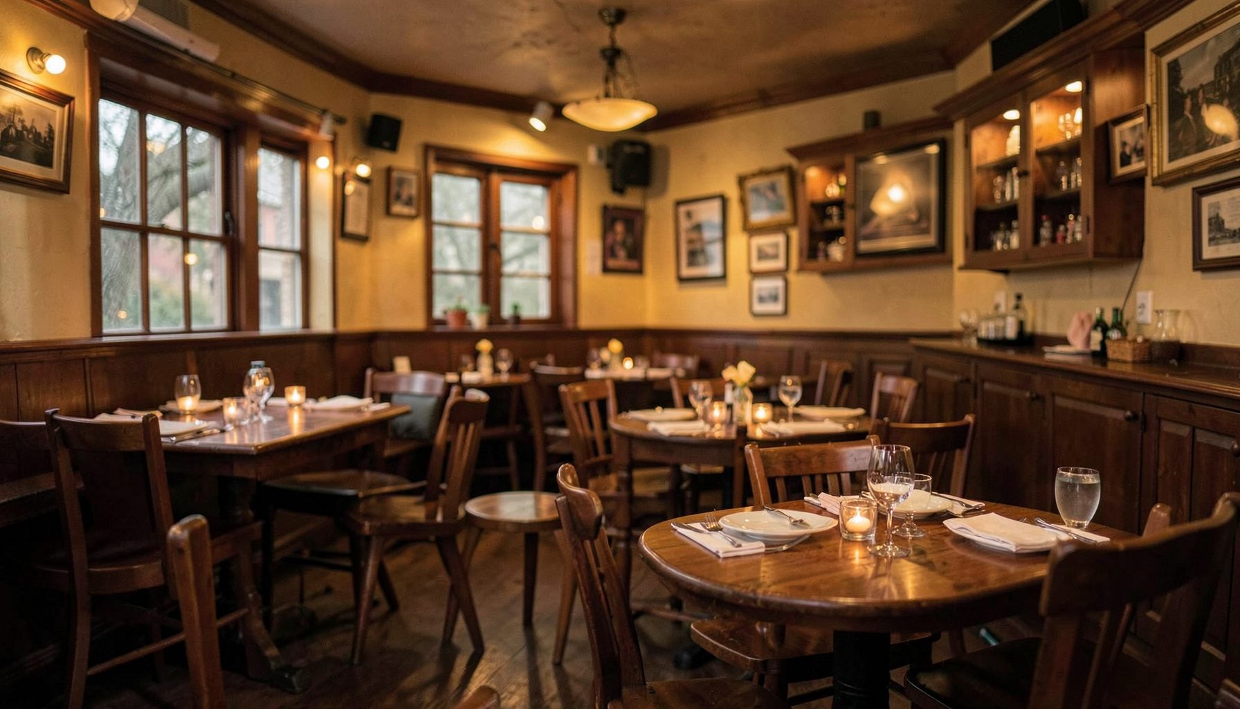 A warmly lit country pub interior with wooden tables set for dining, soft amber glow, and a welcoming atmosphere