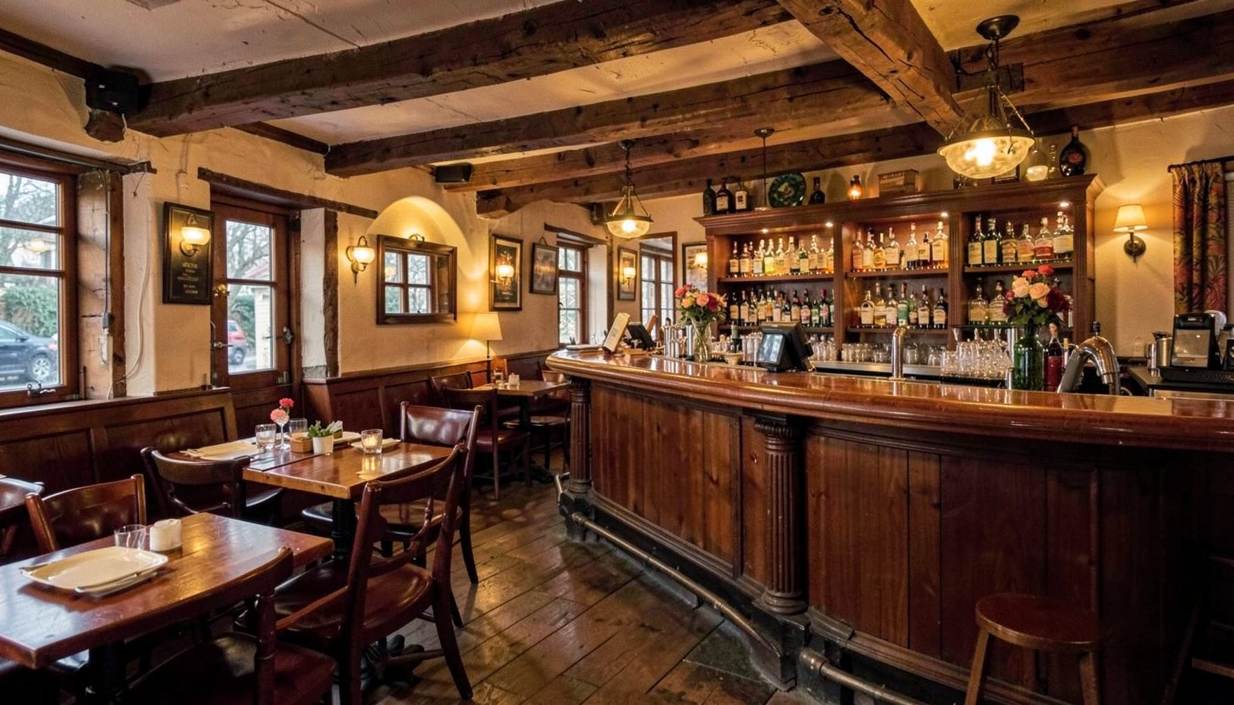 Warmly lit country pub interior with wooden beams, a polished bar, and inviting dining tables