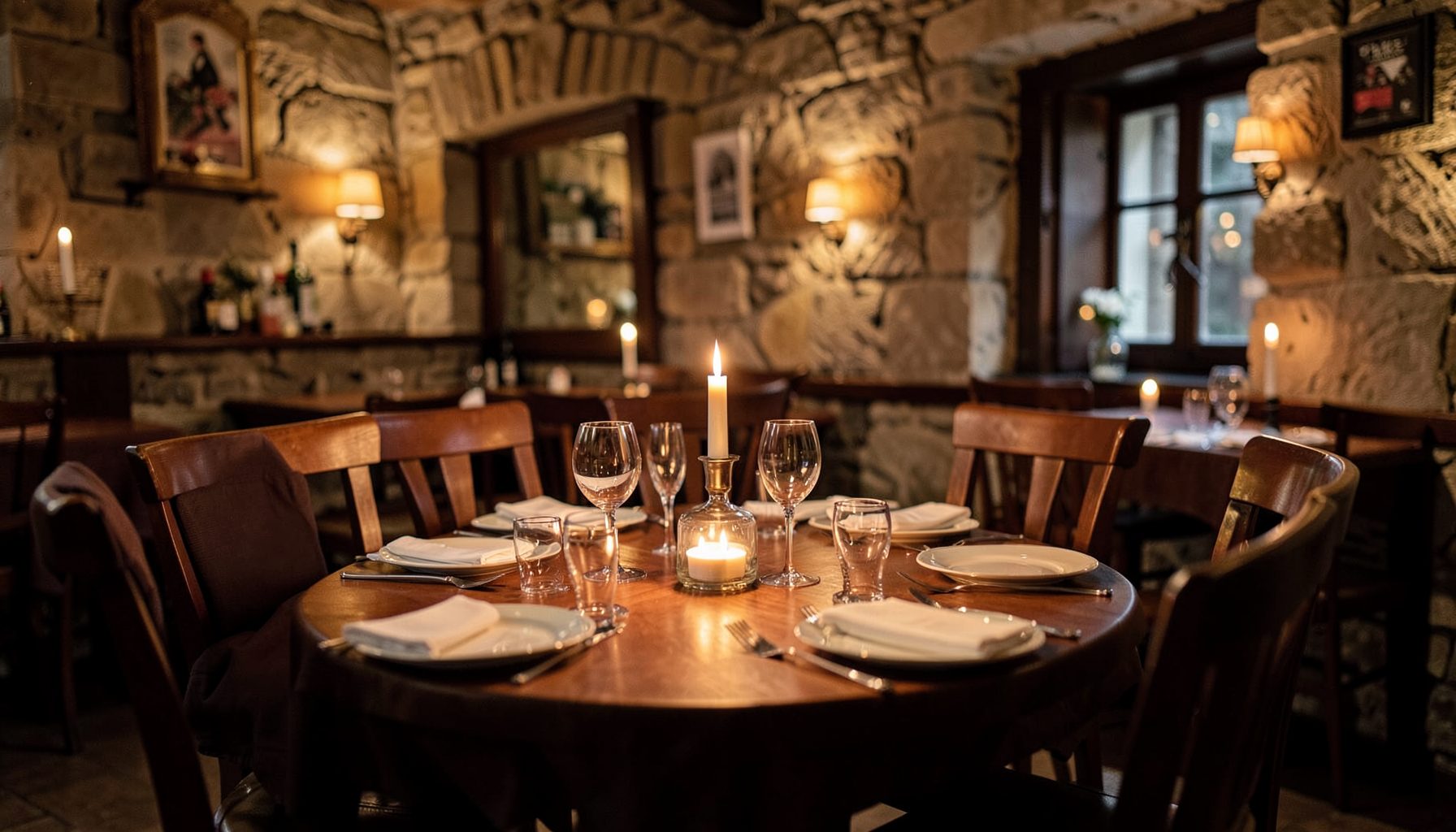 A beautifully set dining table inside a warm country pub with soft candlelight and exposed stone walls