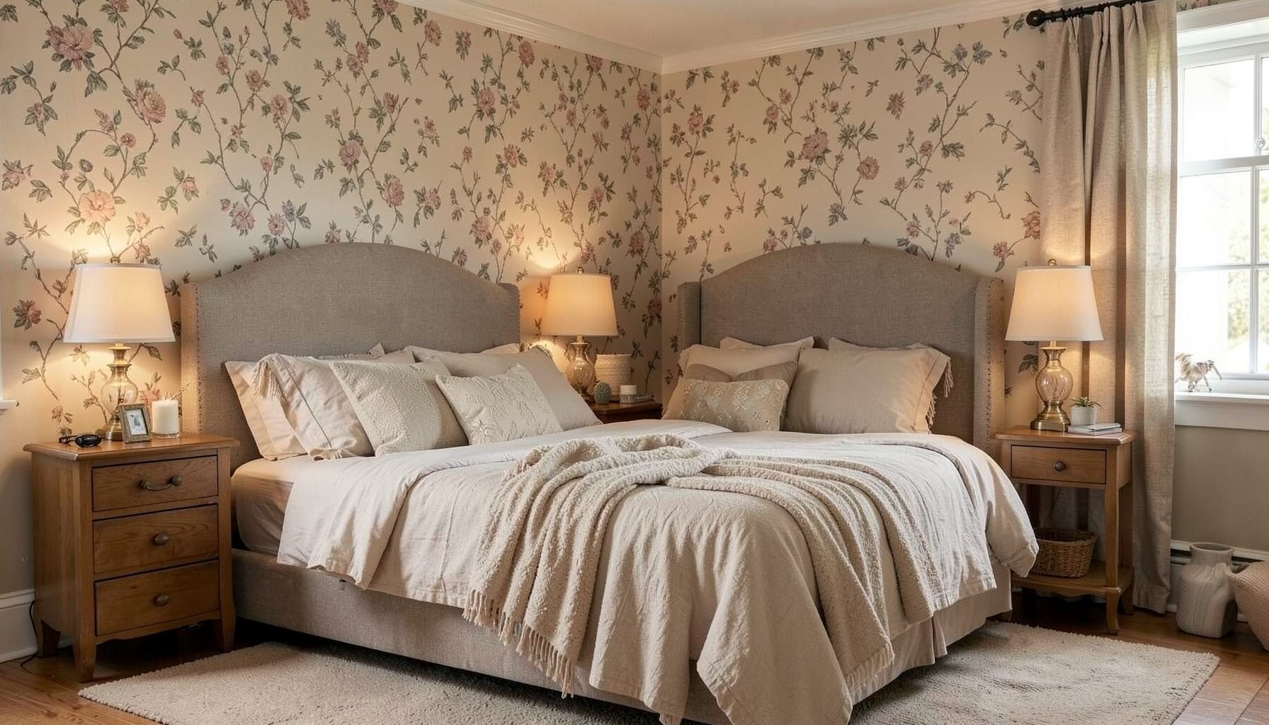 A warmly lit country bedroom with an upholstered bed, floral accent wall, and soft neutral linens, evoking a calm and inviting retreat