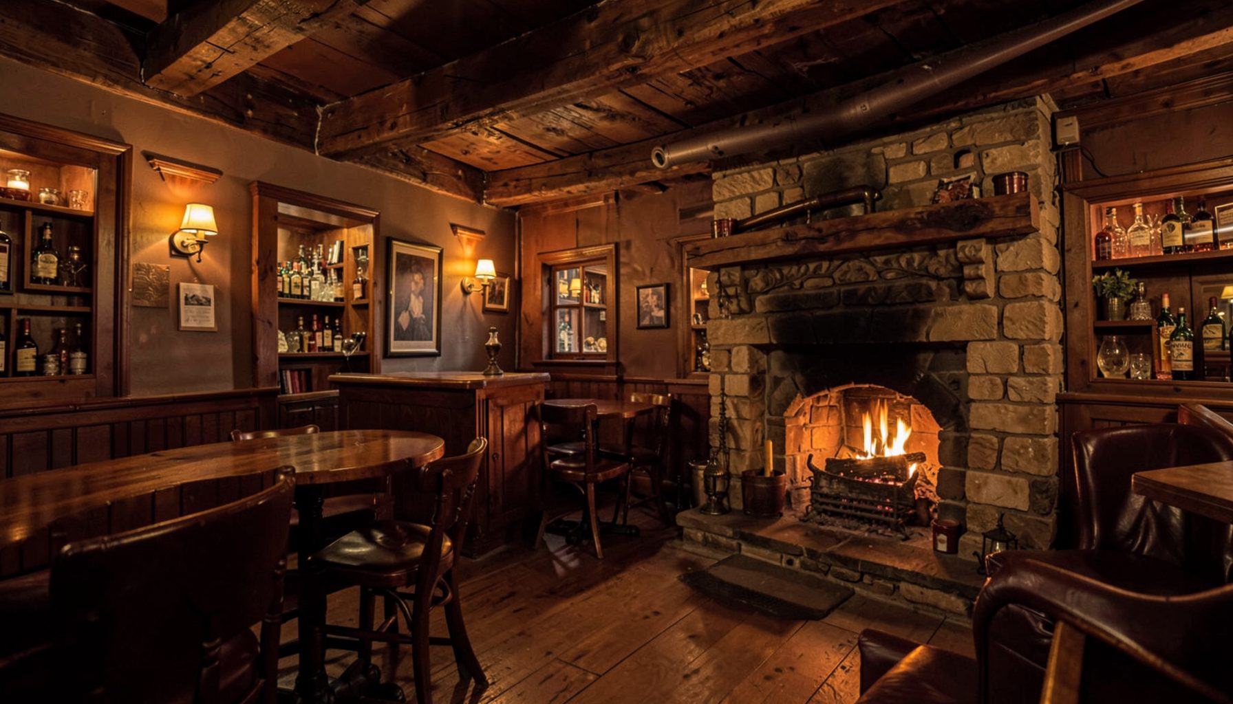 A warm country pub interior with wooden beams, soft amber lighting, and a cosy fireplace, rich brown and gold tones
