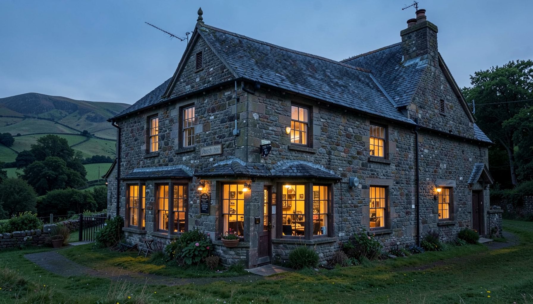 A stone country pub exterior with warm glowing windows at dusk, nestled in green Peak District countryside