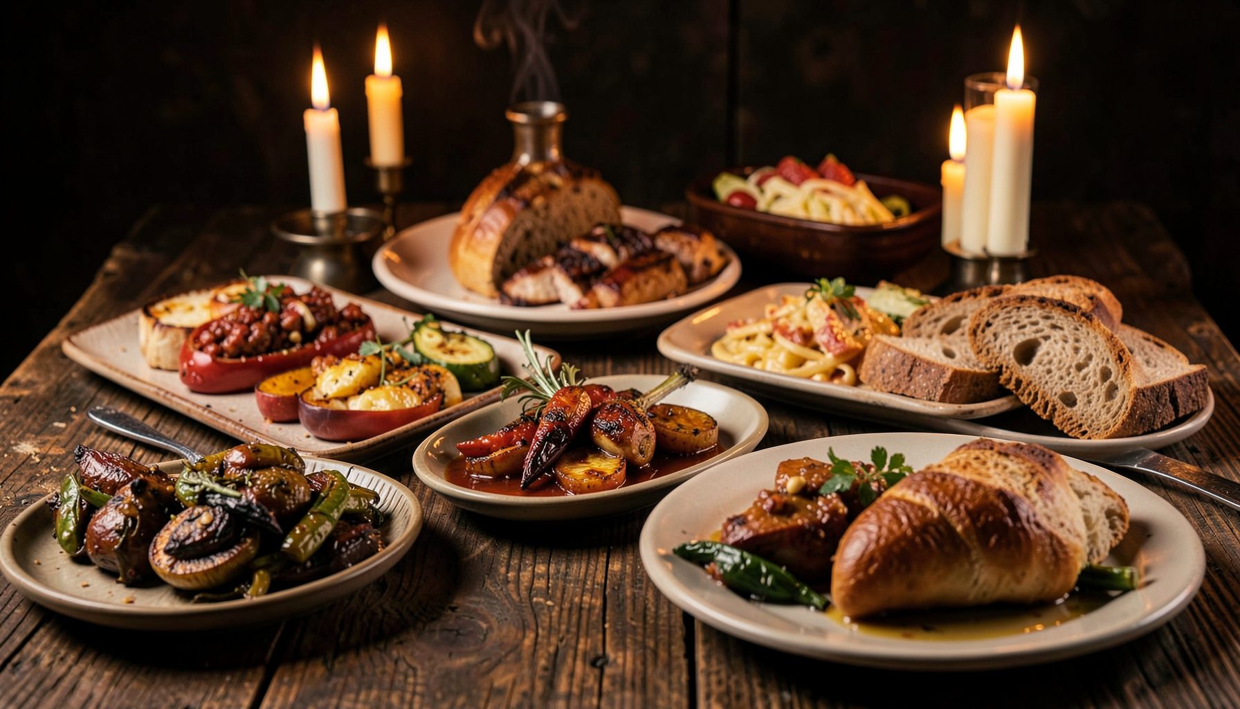A rustic wooden table laden with hearty pub dishes, roasted vegetables, and fresh bread, bathed in warm candlelight with deep amber and earthy brown tones